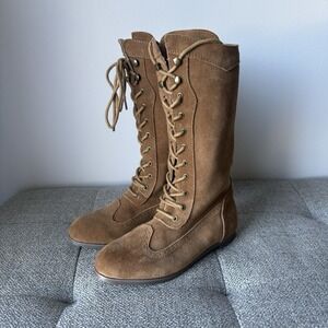 Joyfolie Little Girl Aelin Tall Lace Up Beige Suede Boots Size 13T